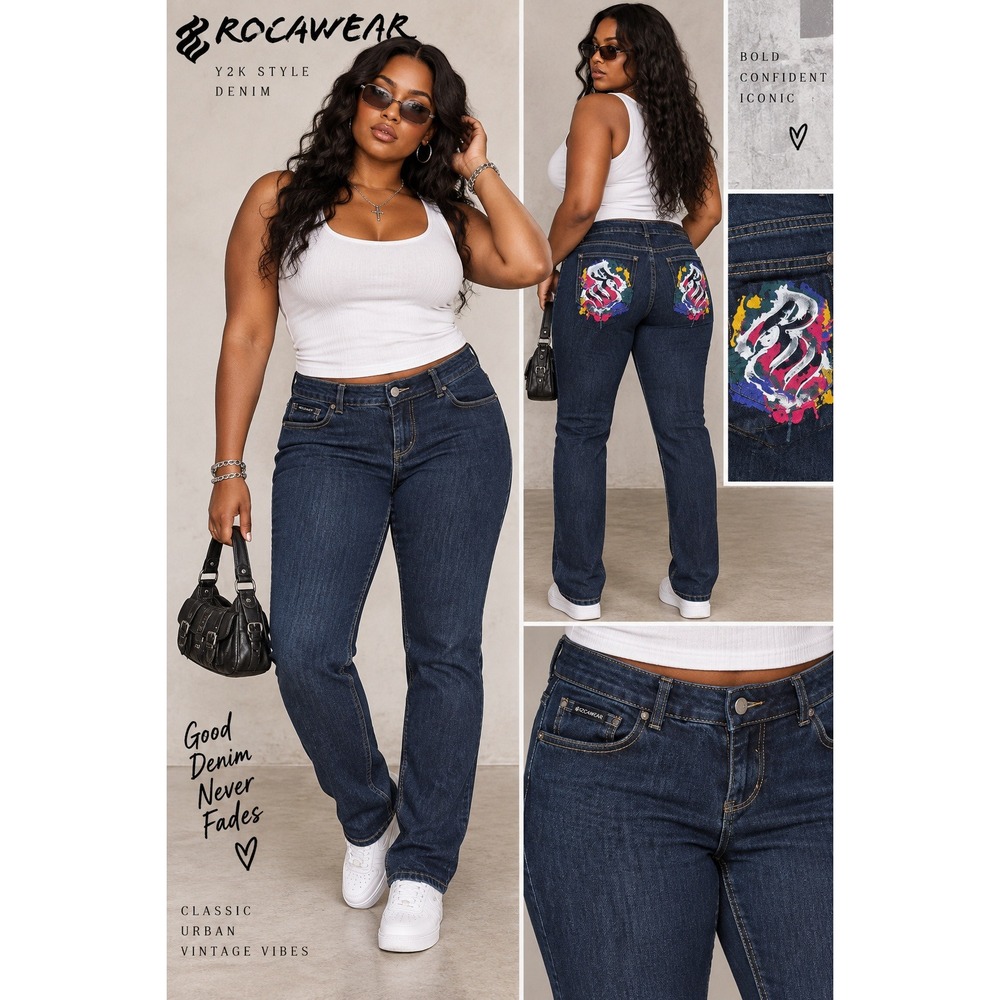 Rocawear Classic Women's Jeans Size 16 Graffiti Logo Dark Wash 34" Inseam Y2K
